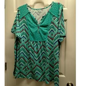 Woman Within 1X (22/24) Mixed Print Henley Tunic Aquamarine Batik Chevron Top
